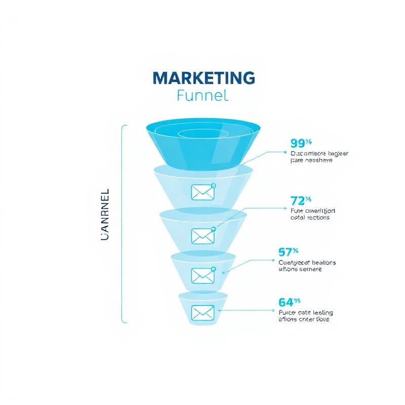 Diagramma di un funnel di marketing con stadi azzurri e metriche di conversione