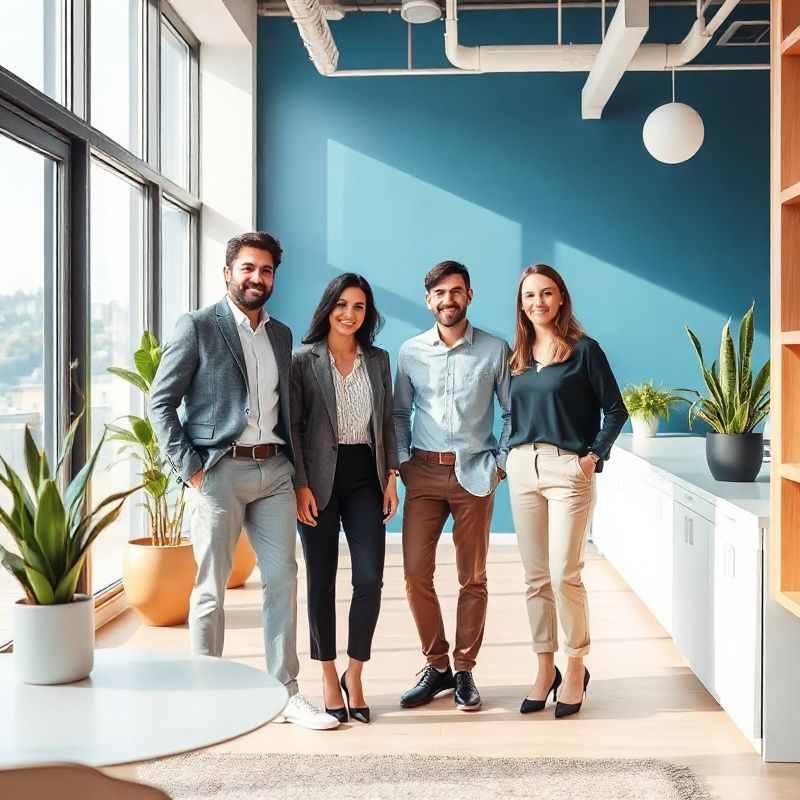 Piccolo team italiano di quattro persone in un ufficio moderno a Genova